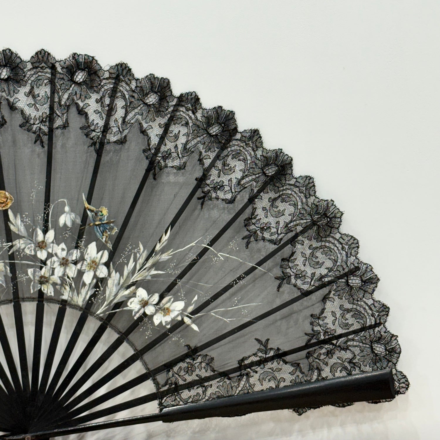 Antique Hand Painted Lace Fan with Butterflies Edwardian Black Mourning Style