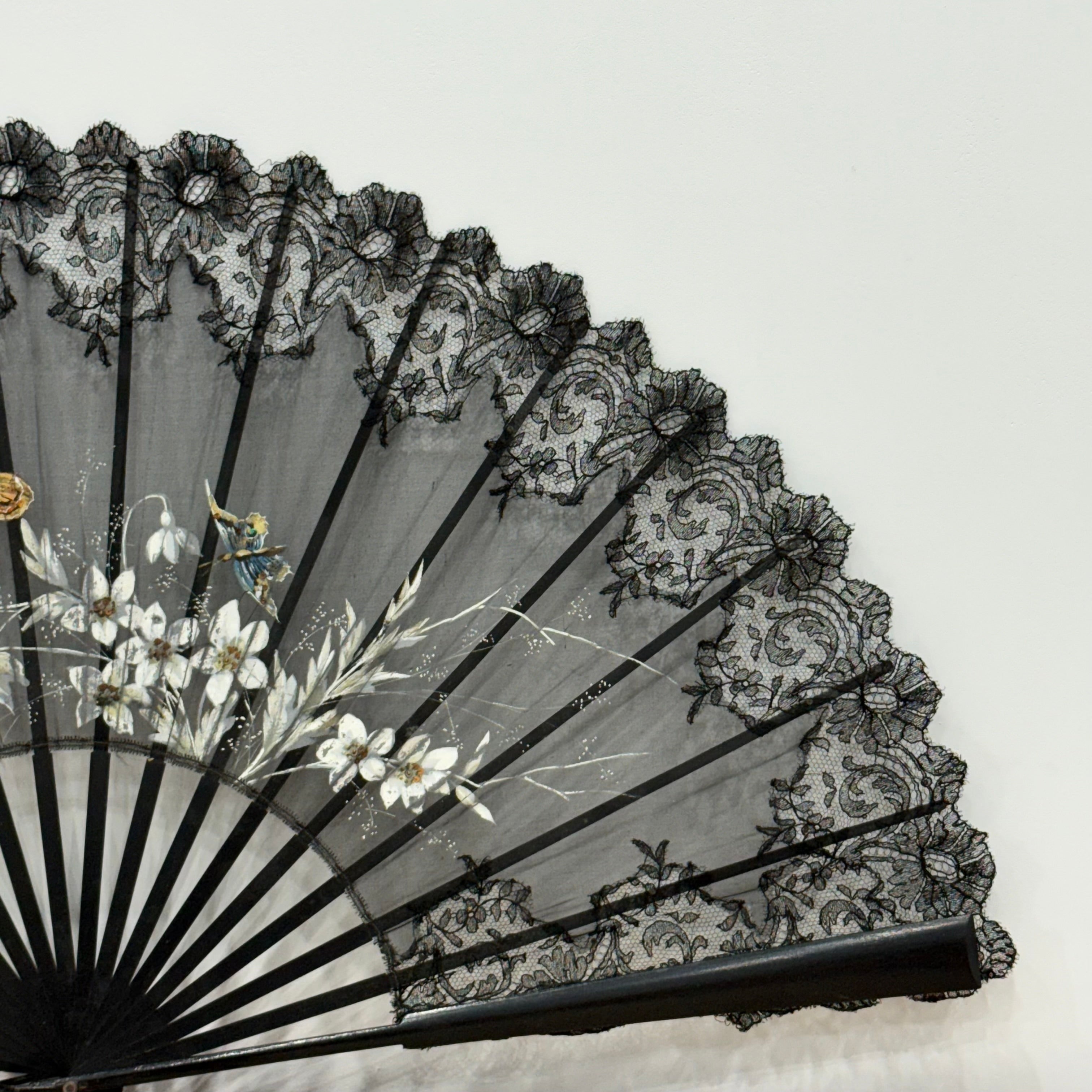 Antique Hand Painted Lace Fan with Butterflies Edwardian Black Mourning Style