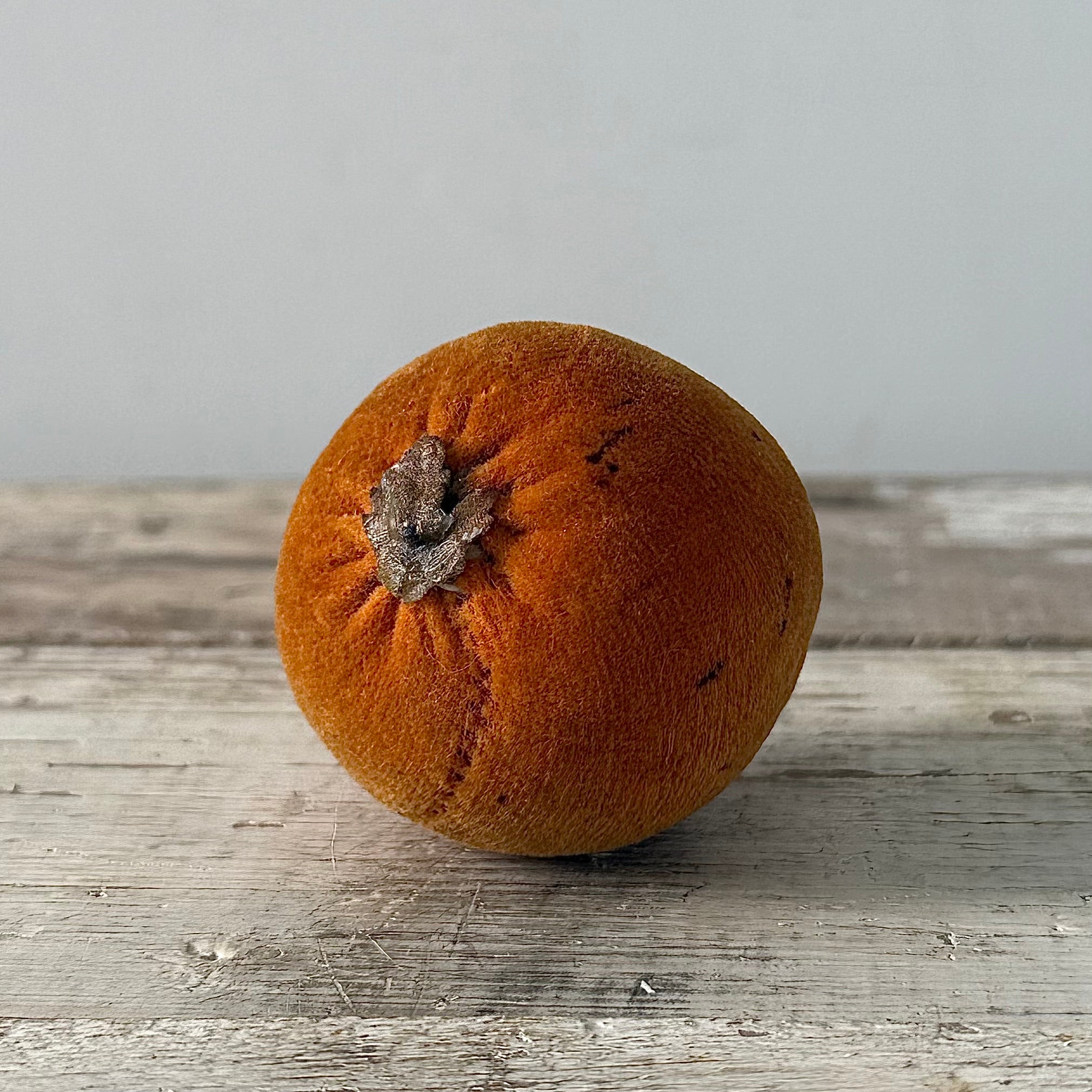 1830s Antique Velvet Orange Pin Cushion with Coated Fabric Leaf Detail