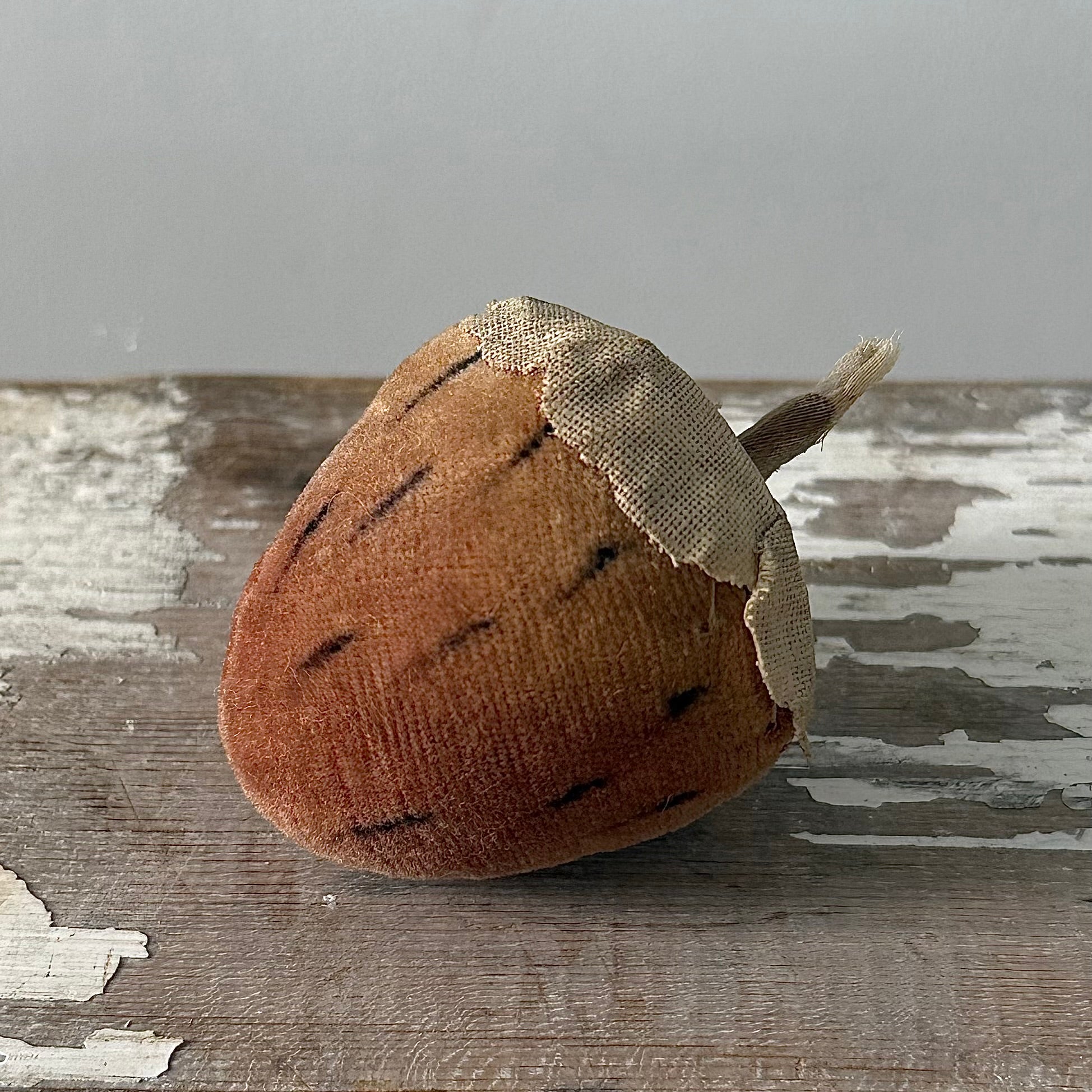 1830s Antique Velvet Strawberry Pin Cushion with Fabric Leaves