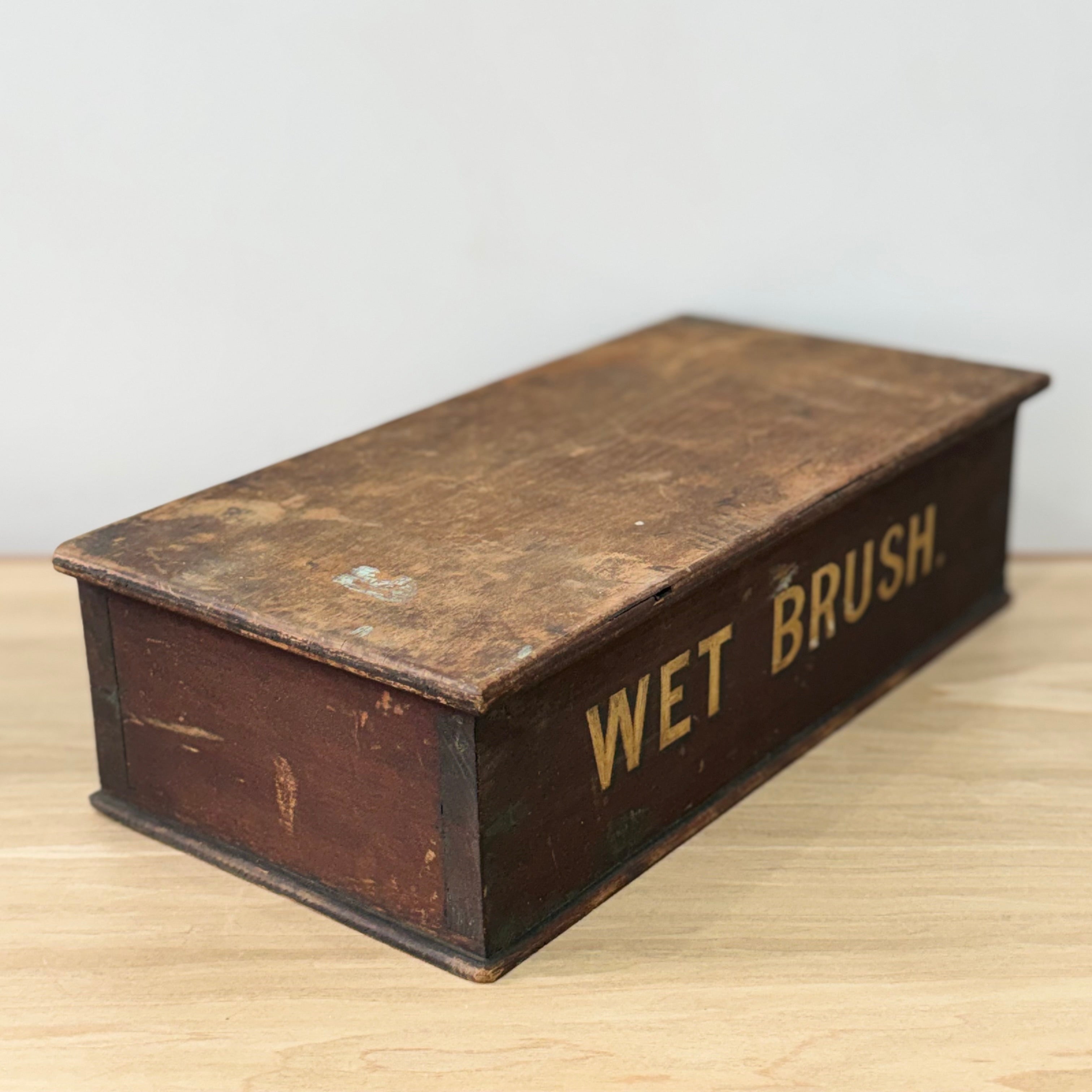 Antique Wet Brush Box Wooden Trade Display Barber Shoe Shine