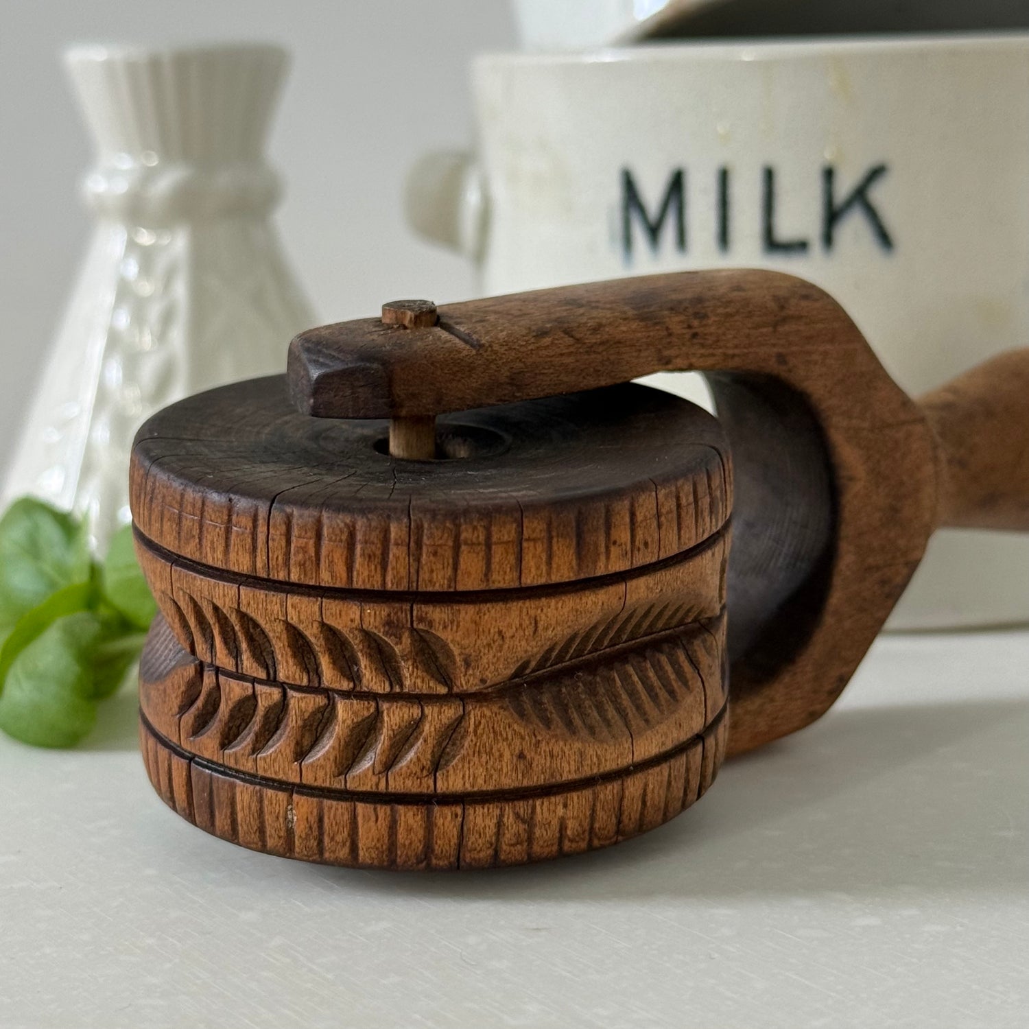 Antique Treen Butter Roller Deep Carved Leaf Print