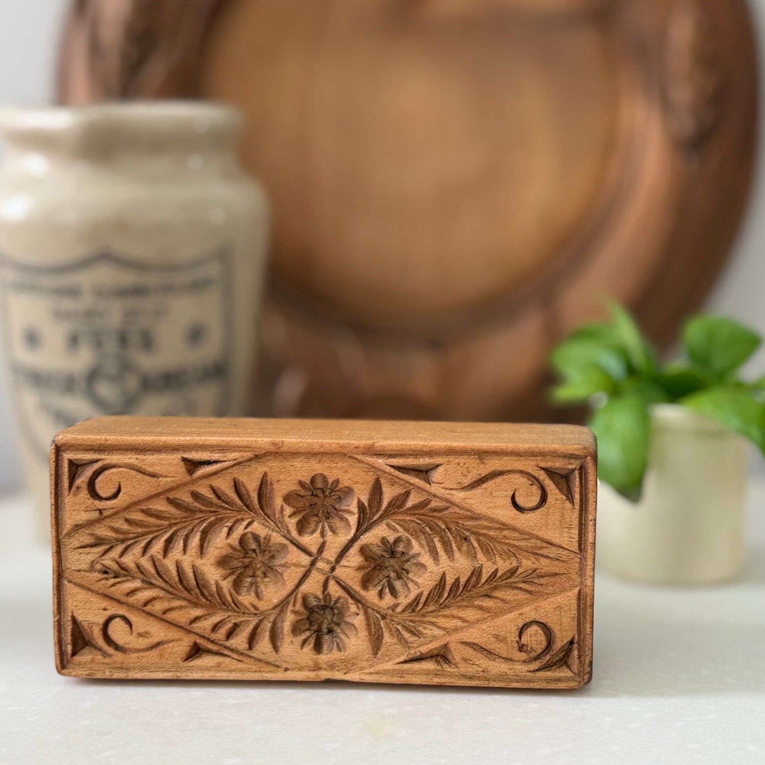 Antique Treen Rectangular Butter Stamp Floral