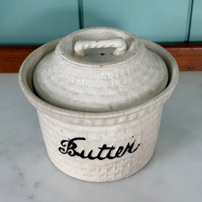 Antique Pottery Butter Crock Dish with Lid c.1900