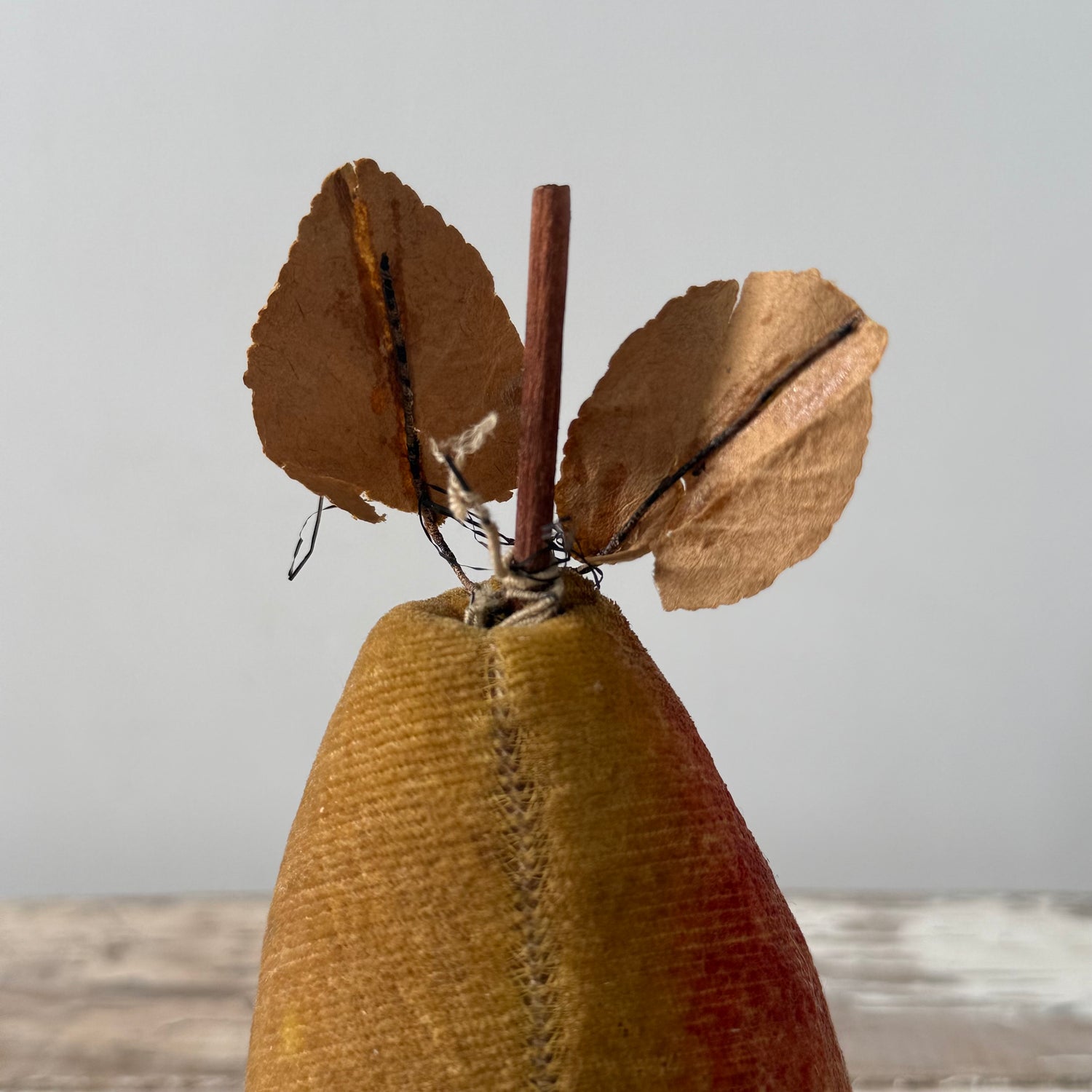 Rare 1830s Velvet Pear Pin Cushion with Paper Leaves