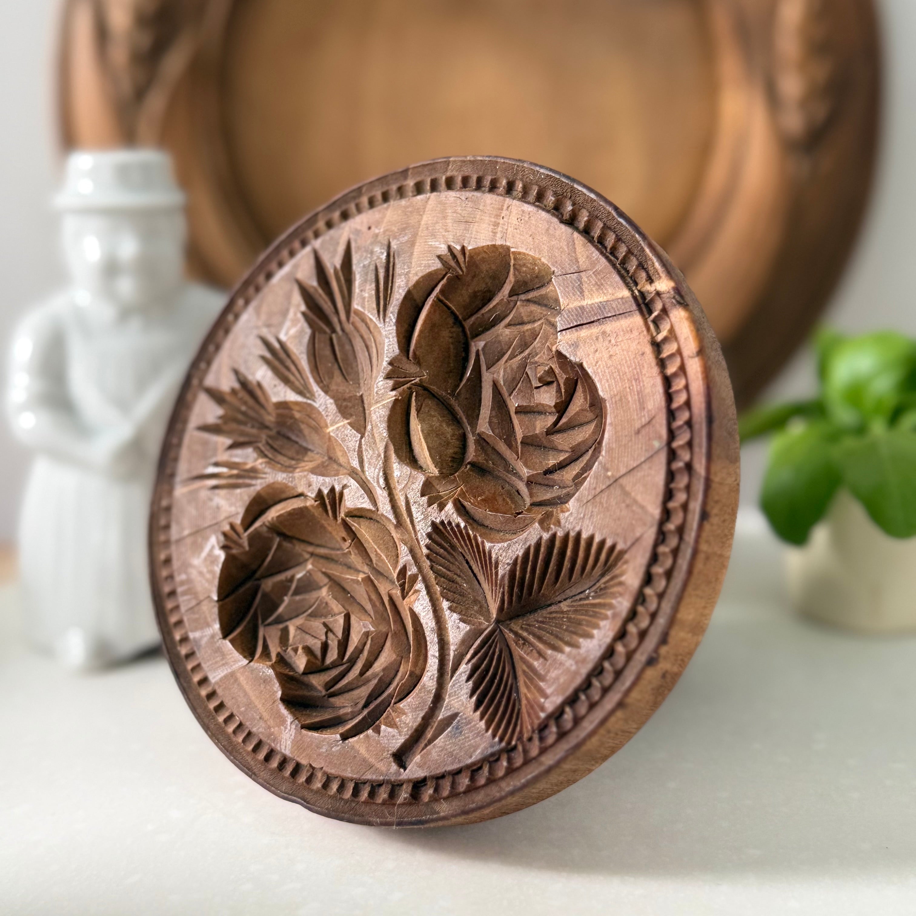 Antique Treen Butter Stamp Deep Carved Rose Motif