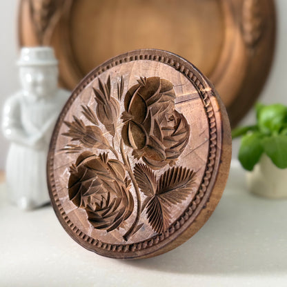 Antique Treen Butter Stamp Deep Carved Rose Motif