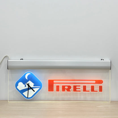 Illuminated Pirelli garage advertising lightbox sign with clock