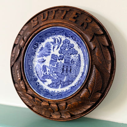 Vintage Carved Wooden BUTTER Dish Blue Willow Insert Kitchenalia