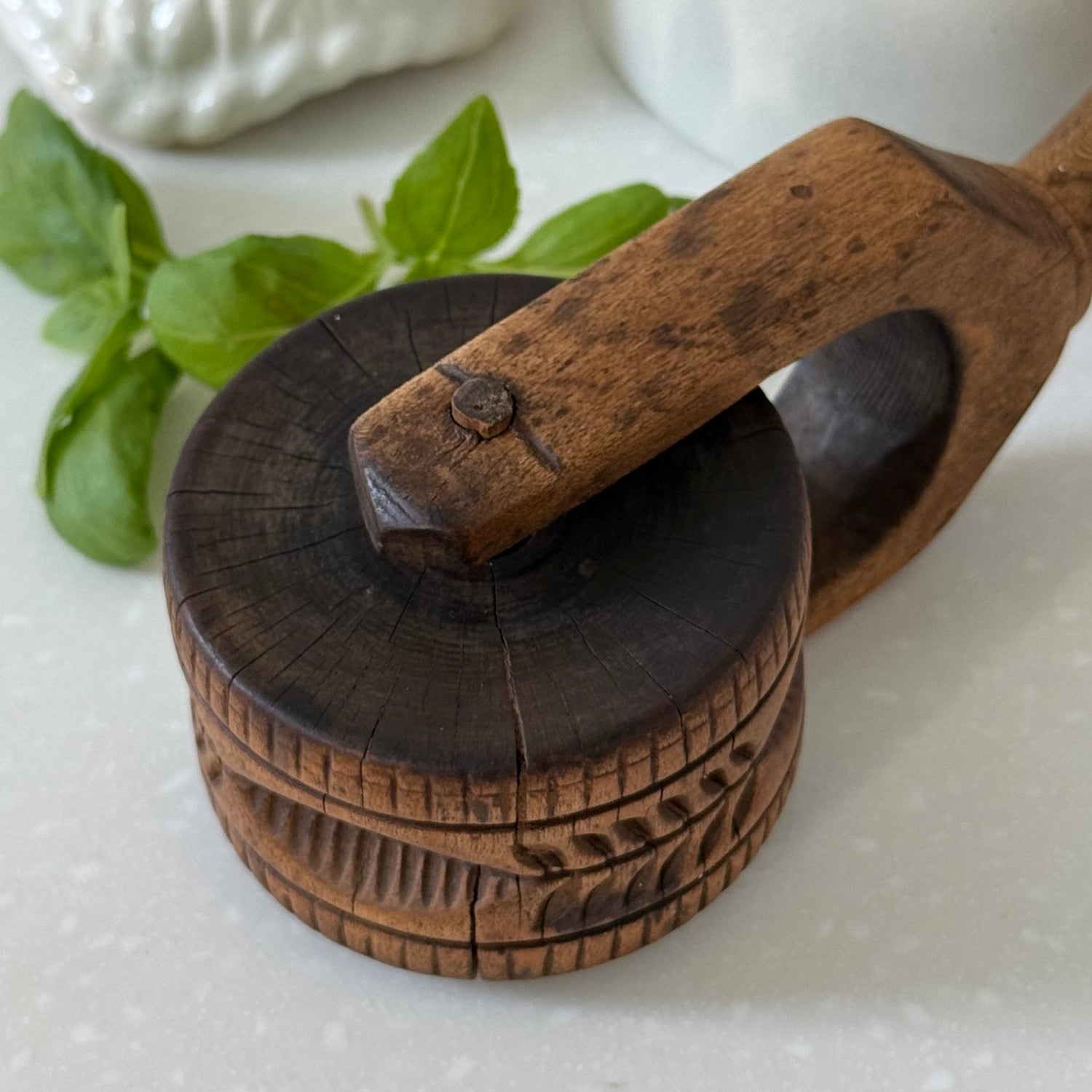 Antique Treen Butter Roller Deep Carved Leaf Print