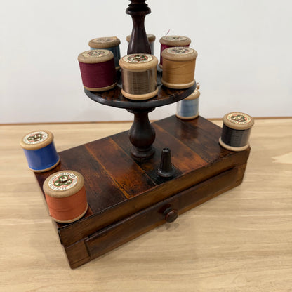 Antique Wooden Thread Spool Stand with Drawer and Silk Pin Cushion