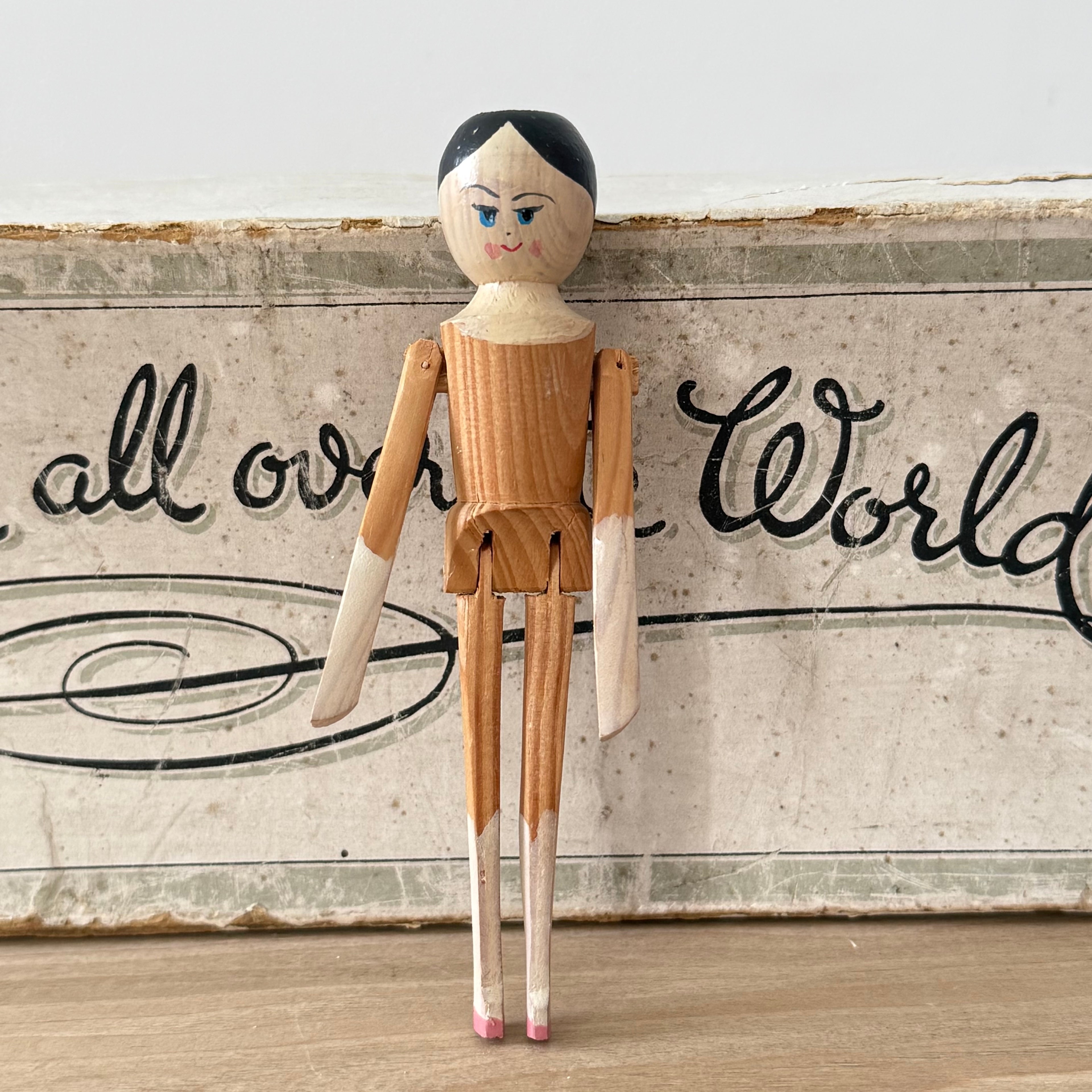 Vintage Wooden Jointed Doll Hand Painted Folk Art Figure 11cm