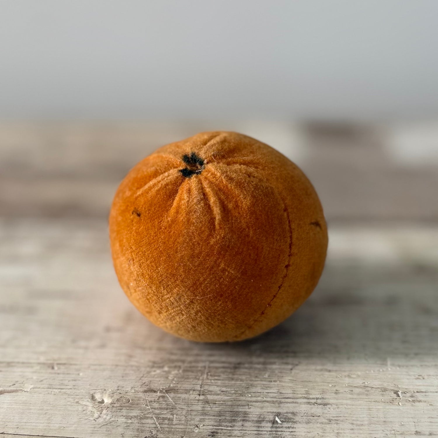 1830s Antique Velvet Orange Pin Cushion with Coated Fabric Leaf Detail