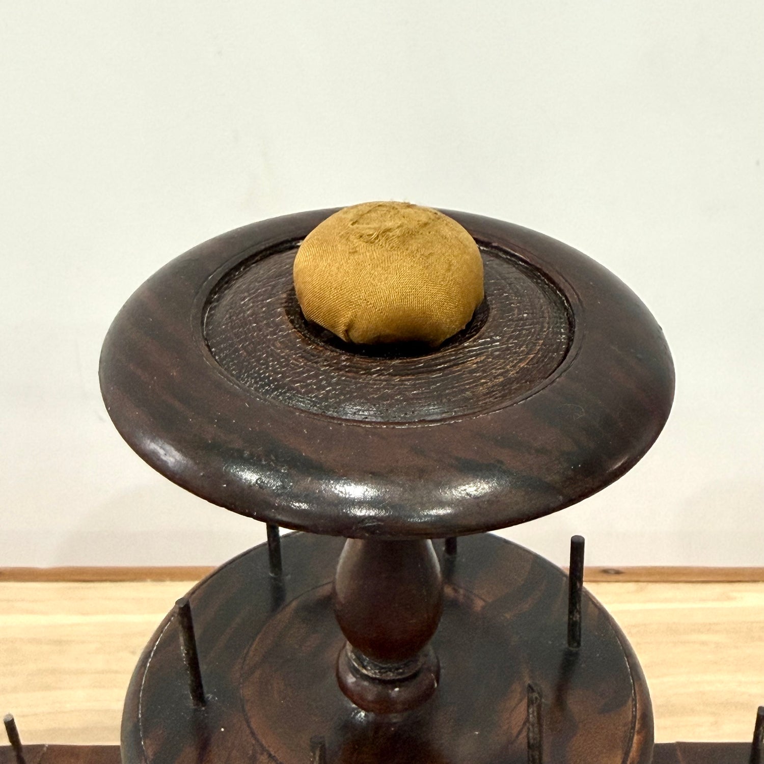 Antique Wooden Thread Spool Stand with Drawer and Silk Pin Cushion