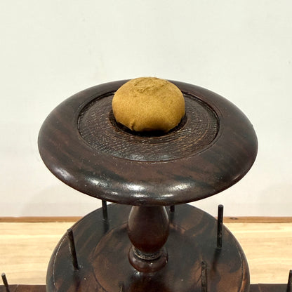 Antique Wooden Thread Spool Stand with Drawer and Silk Pin Cushion