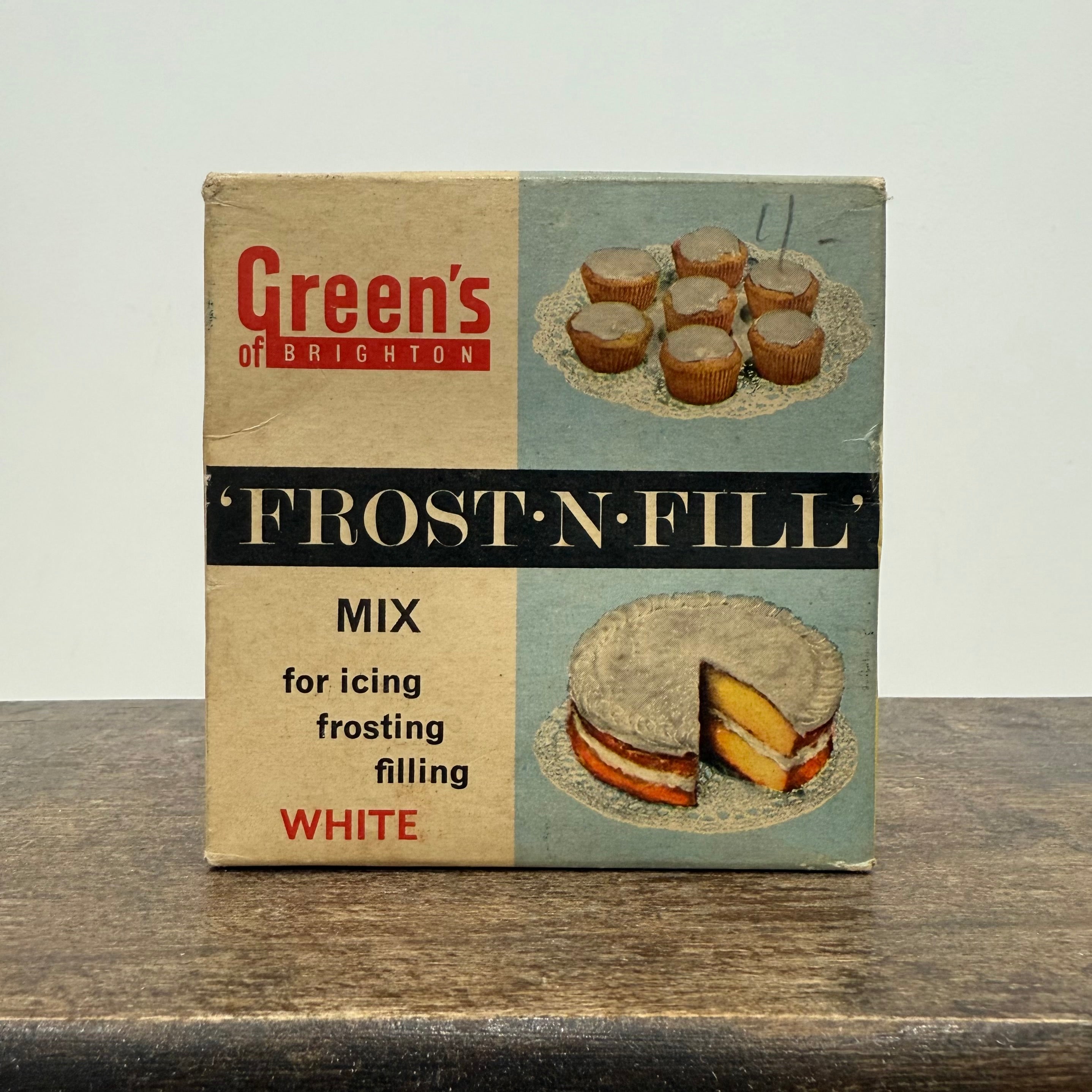 Vintage Green’s of Brighton ‘Frost-N-Fill’ Cake Icing Mix Box – White