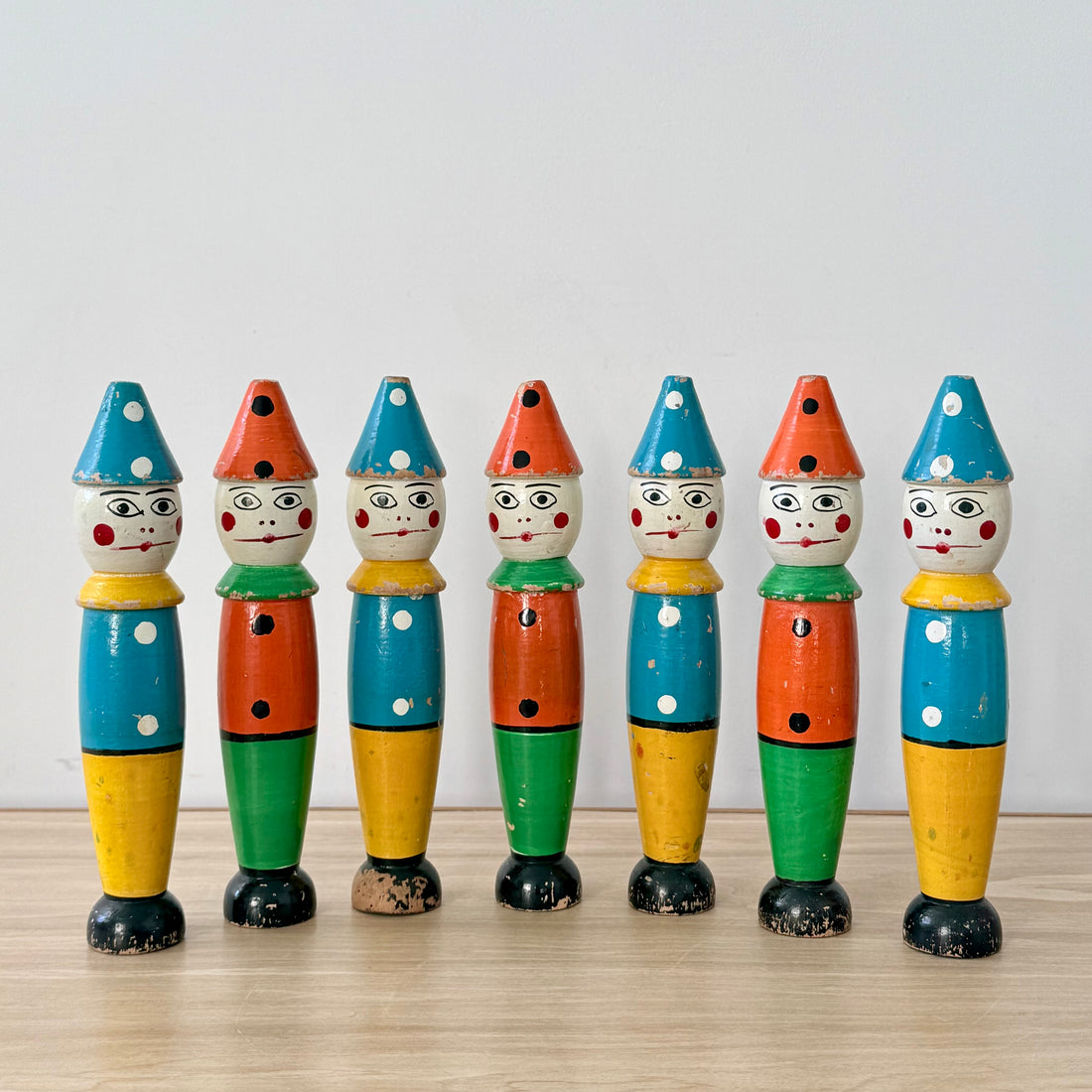 Vintage Wooden Clown Skittles Pins Seven Figures Hand Painted Folk Toy 21cm