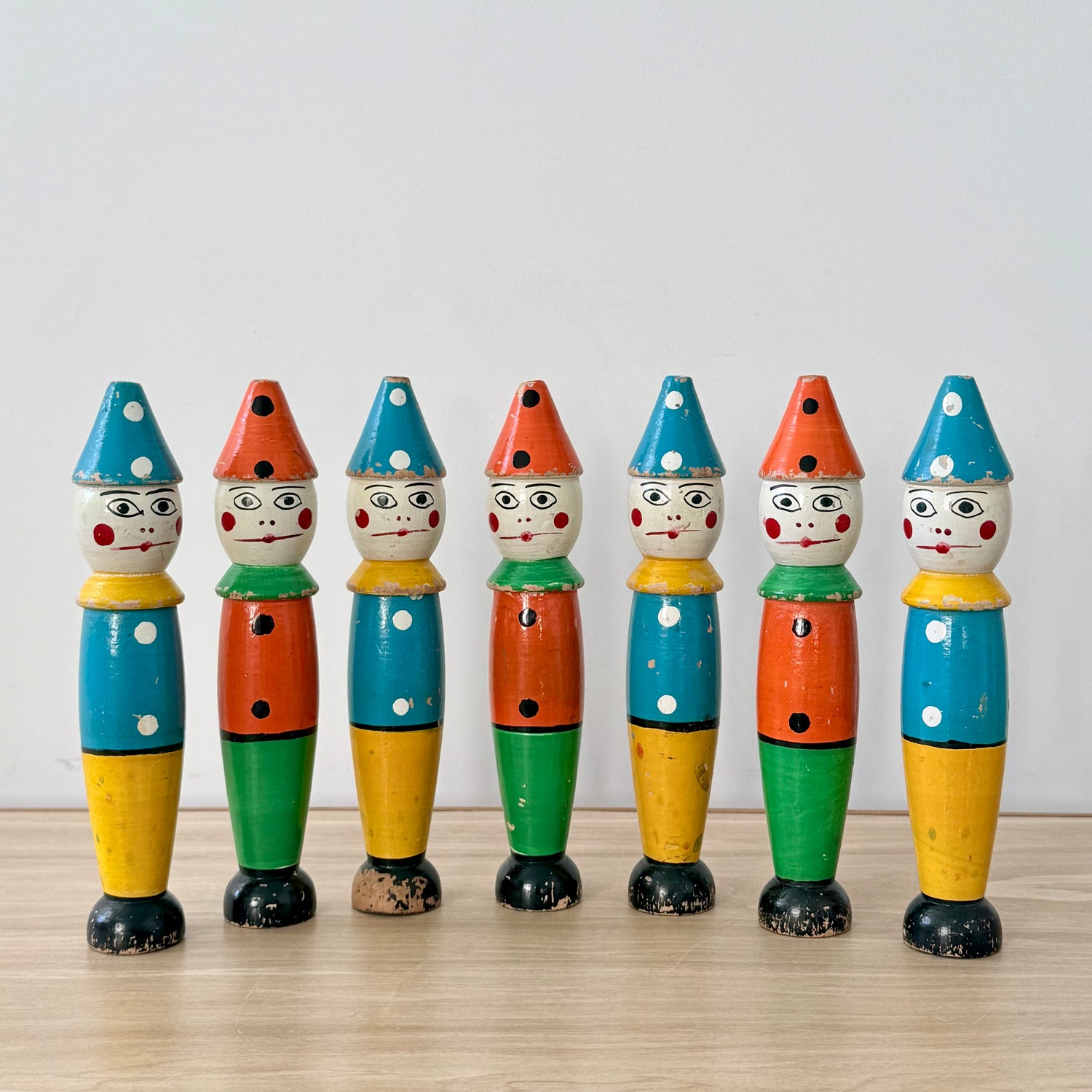 Vintage Wooden Clown Skittles Pins Seven Figures Hand Painted Folk Toy 21cm