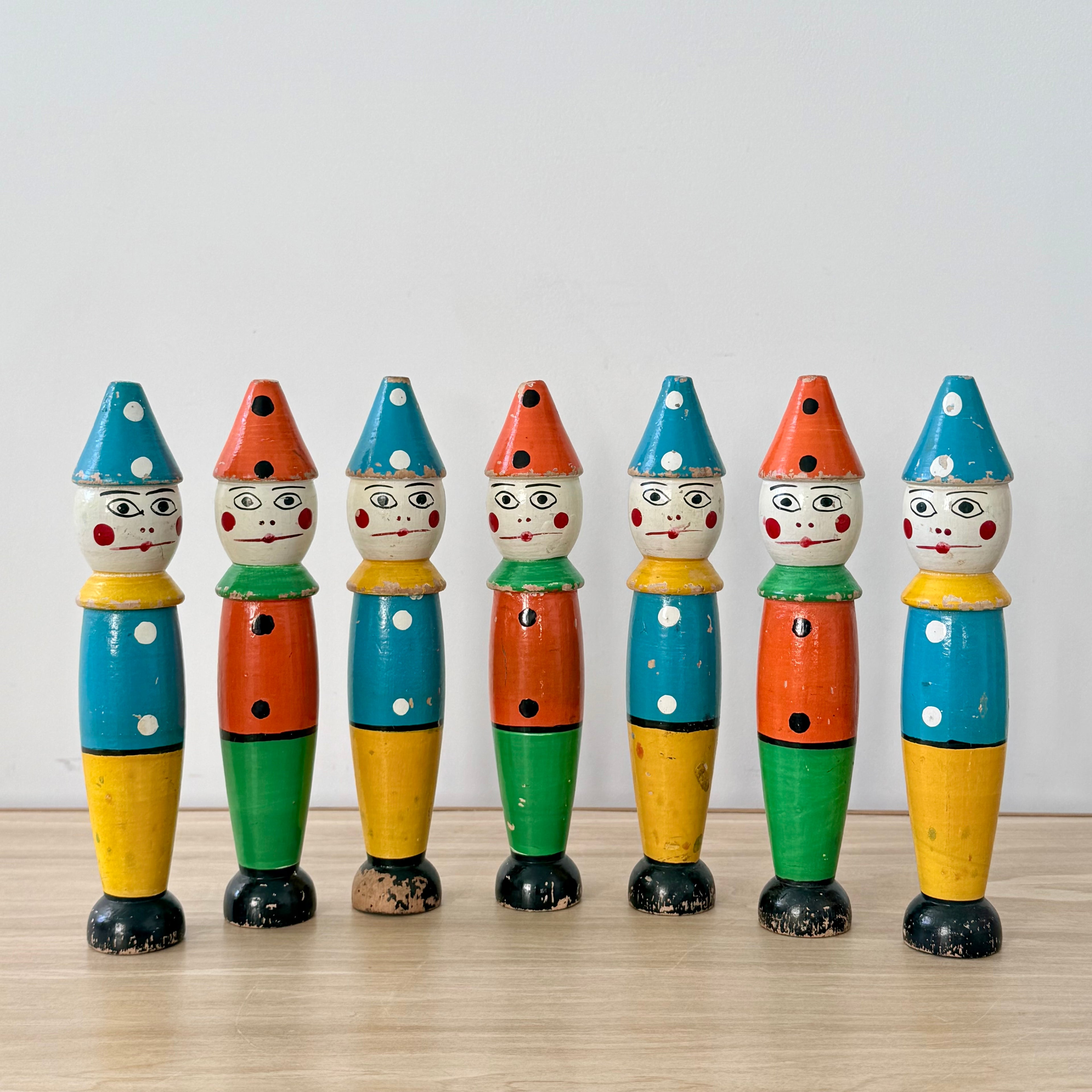 Vintage Wooden Clown Skittles Pins Seven Figures Hand Painted Folk Toy 21cm