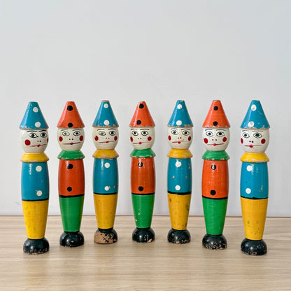Vintage Wooden Clown Skittles Pins Seven Figures Hand Painted Folk Toy 21cm