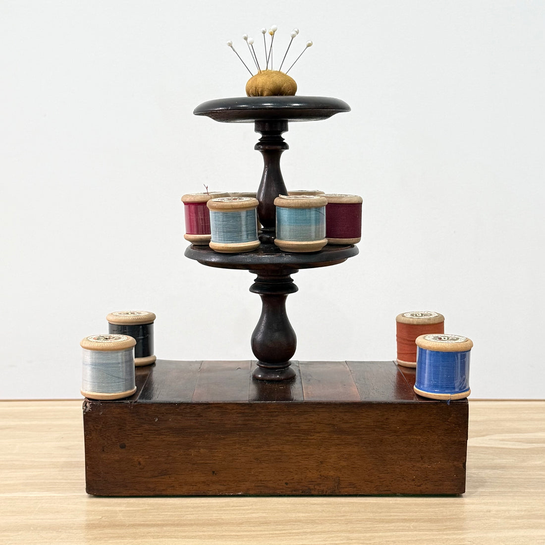 Antique Wooden Thread Spool Stand with Drawer and Silk Pin Cushion