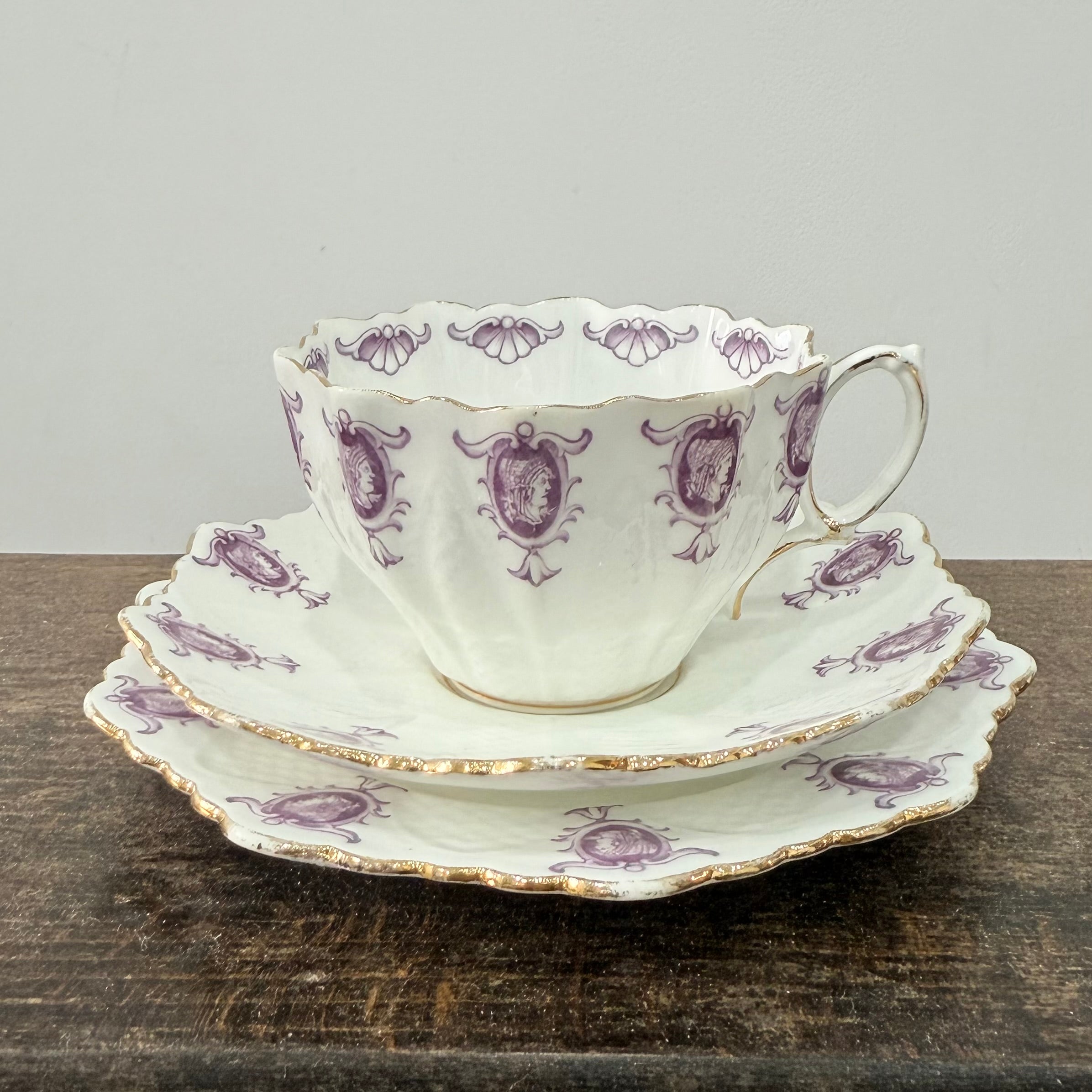 Pre-War Paragon China Purple Cameo Tea Set Cups Saucers Milk Sugar Plate