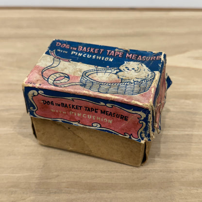 Vintage Dog in Basket Tape Measure &amp; Pincushion, Boxed, Working 36”