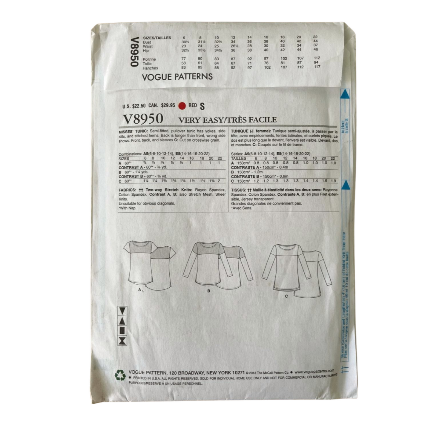 Vogue V8950 Womens Size 12-20 Blouse Top FF