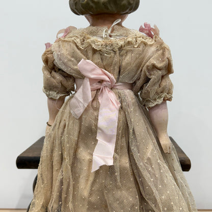 Antique Wax Head “Pumpkin Head” Doll with Original Dress c.1870