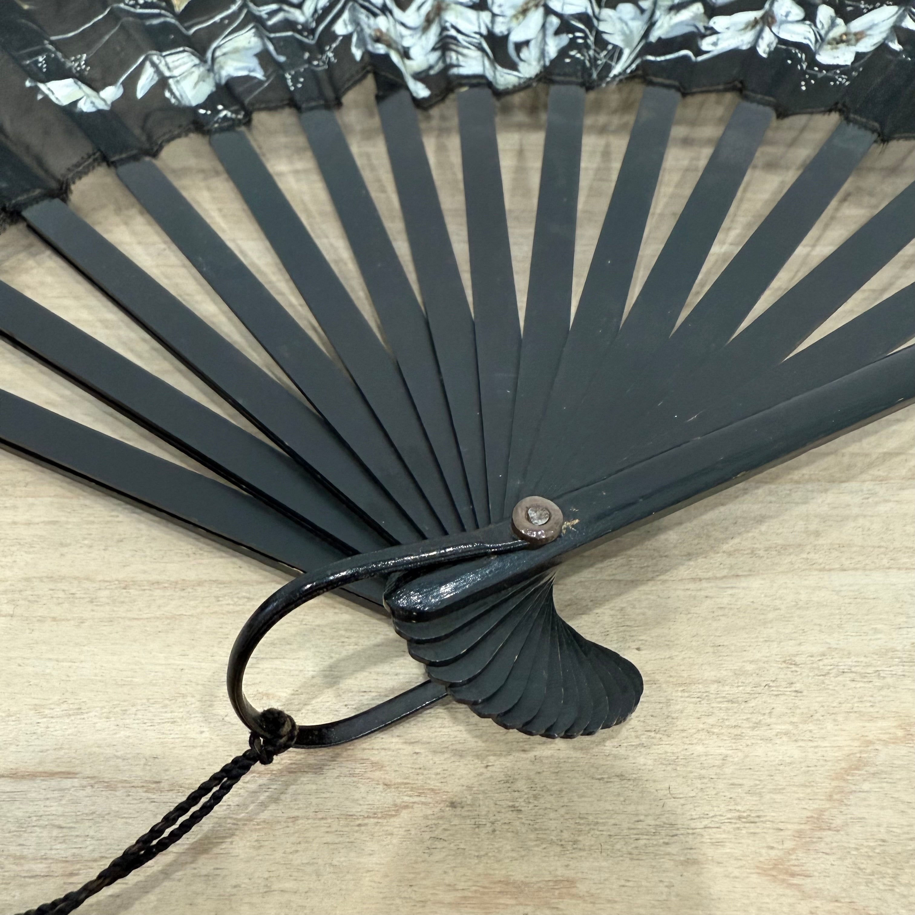 Antique Hand Painted Lace Fan with Butterflies Edwardian Black Mourning Style