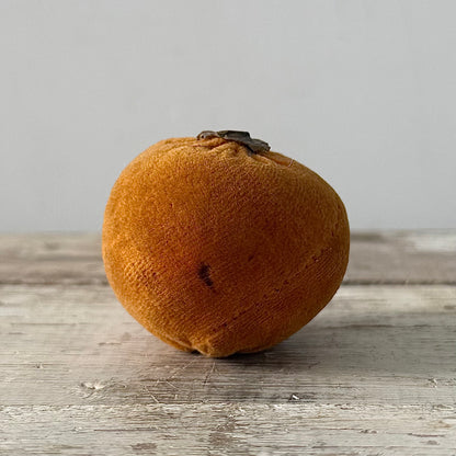 1830s Antique Velvet Orange Pin Cushion with Coated Fabric Leaf Detail
