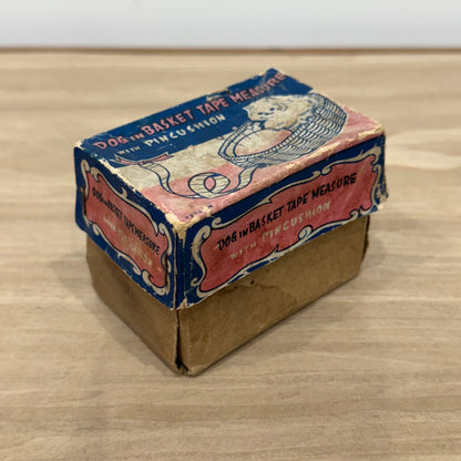 Vintage Dog in Basket Tape Measure &amp; Pincushion, Boxed, Working 36”