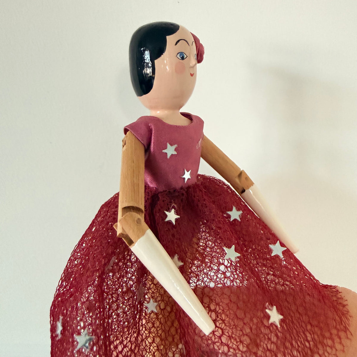 Vintage Eric Horne Wooden Doll in Burgundy Star Dress - 15.5cm
