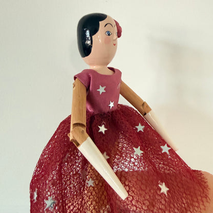 Vintage Eric Horne Wooden Doll in Burgundy Star Dress - 15.5cm