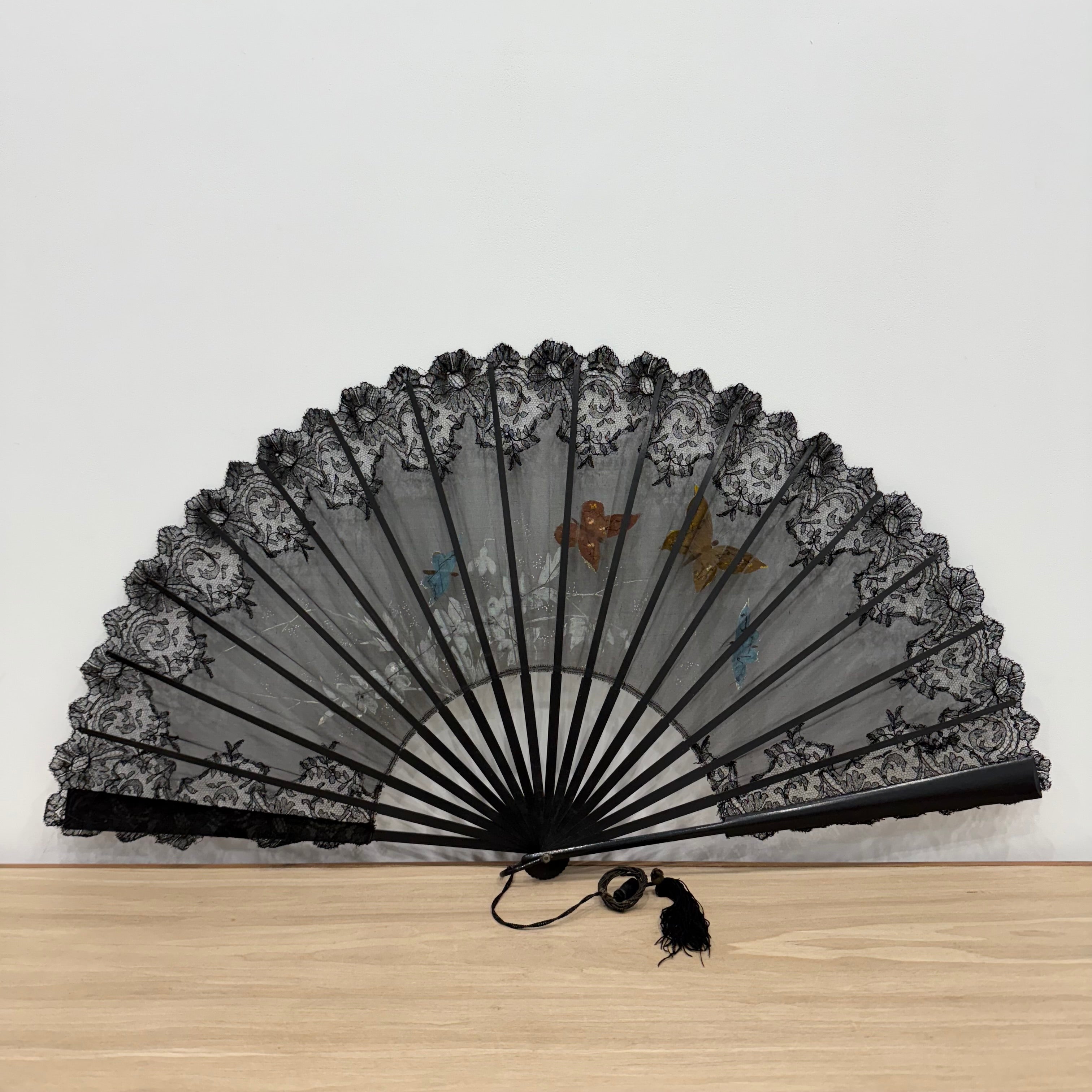 Antique Hand Painted Lace Fan with Butterflies Edwardian Black Mourning Style