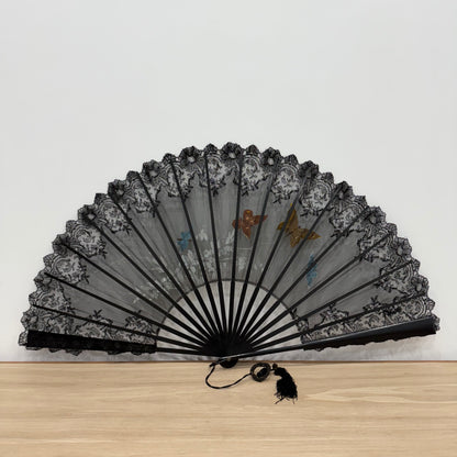 Antique Hand Painted Lace Fan with Butterflies Edwardian Black Mourning Style