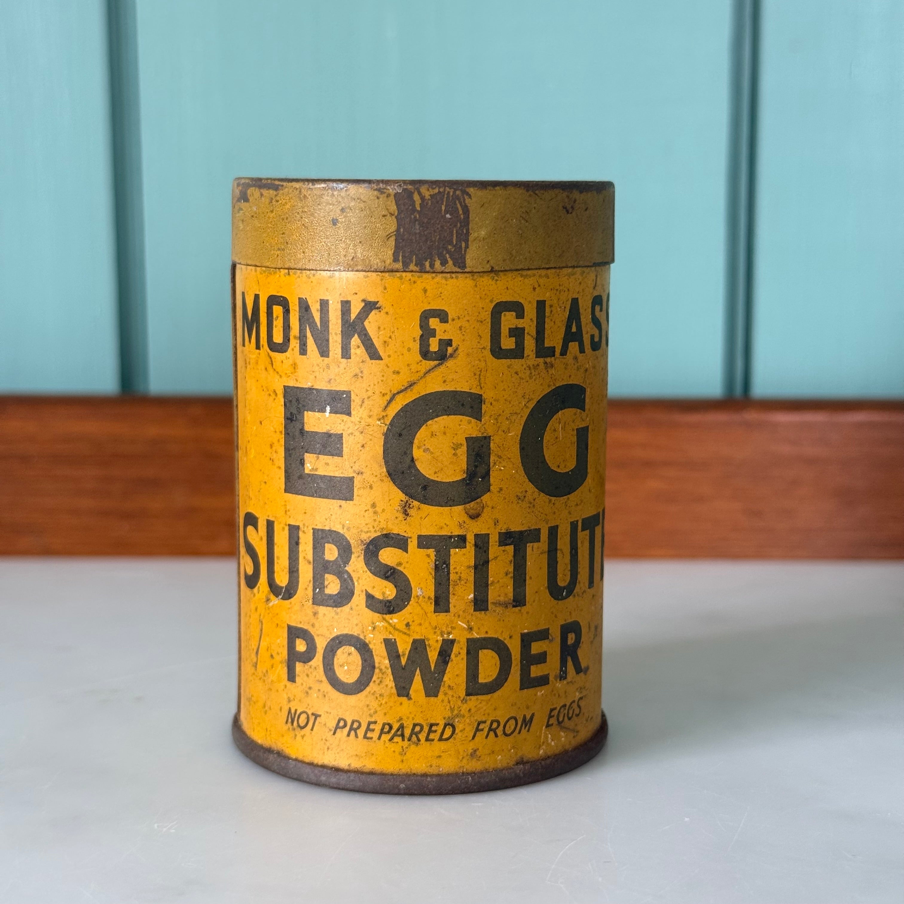 Vintage Monk &amp; Glass Egg Substitute Powder Tin 1930s-40s Kitchen Advertising