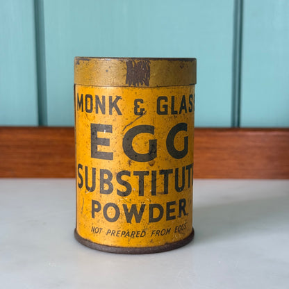 Vintage Monk &amp; Glass Egg Substitute Powder Tin 1930s-40s Kitchen Advertising