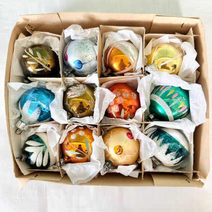 Boxed Set of 12 Vintage Glass Christmas Baubles