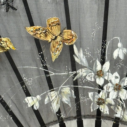 Antique Hand Painted Lace Fan with Butterflies Edwardian Black Mourning Style