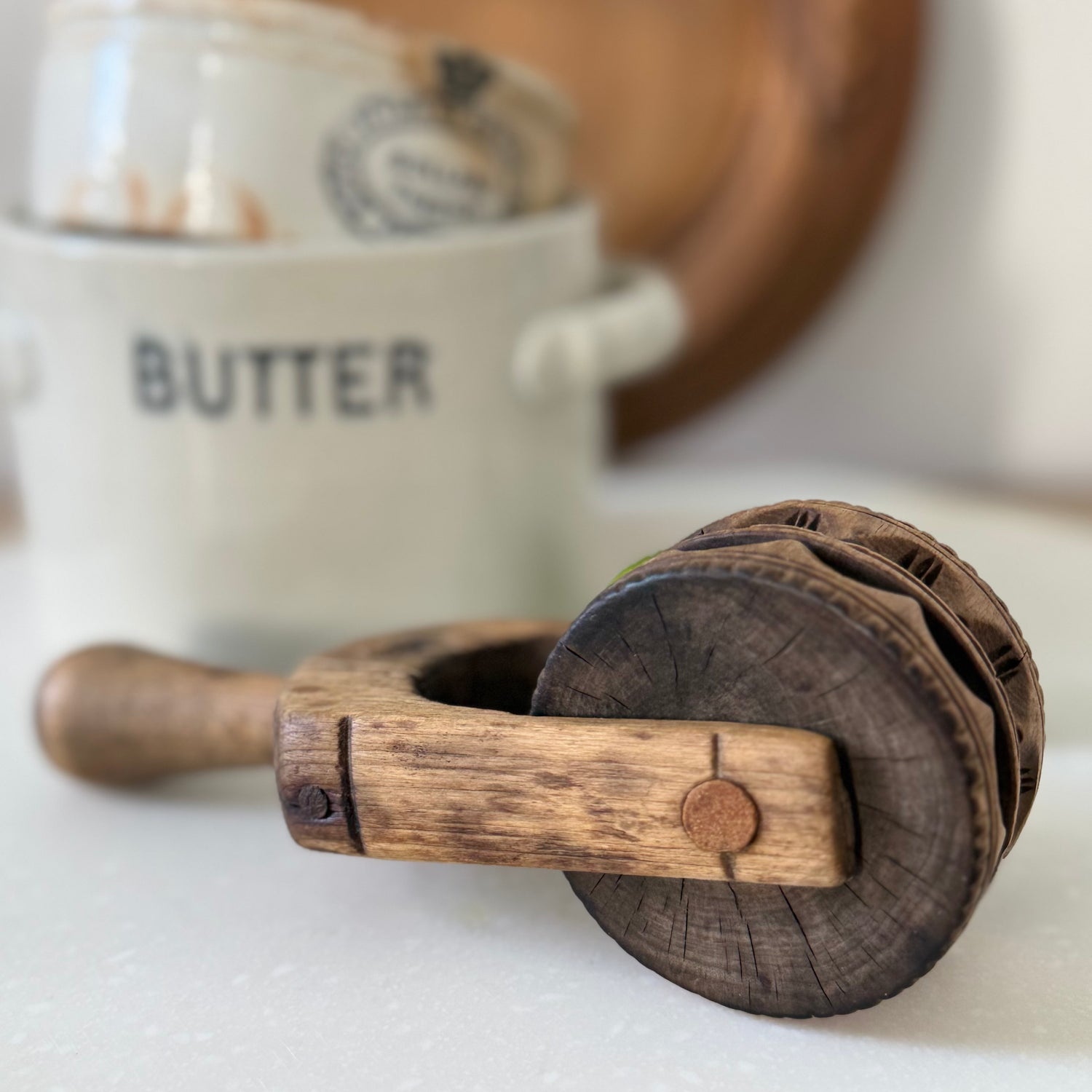 Antique Treen Butter Roller Geometric Carved Dairy Kitchenalia