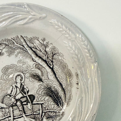 Antique Staffordshire Staple-Repaired Nursery Plate Rural Boy c.1830