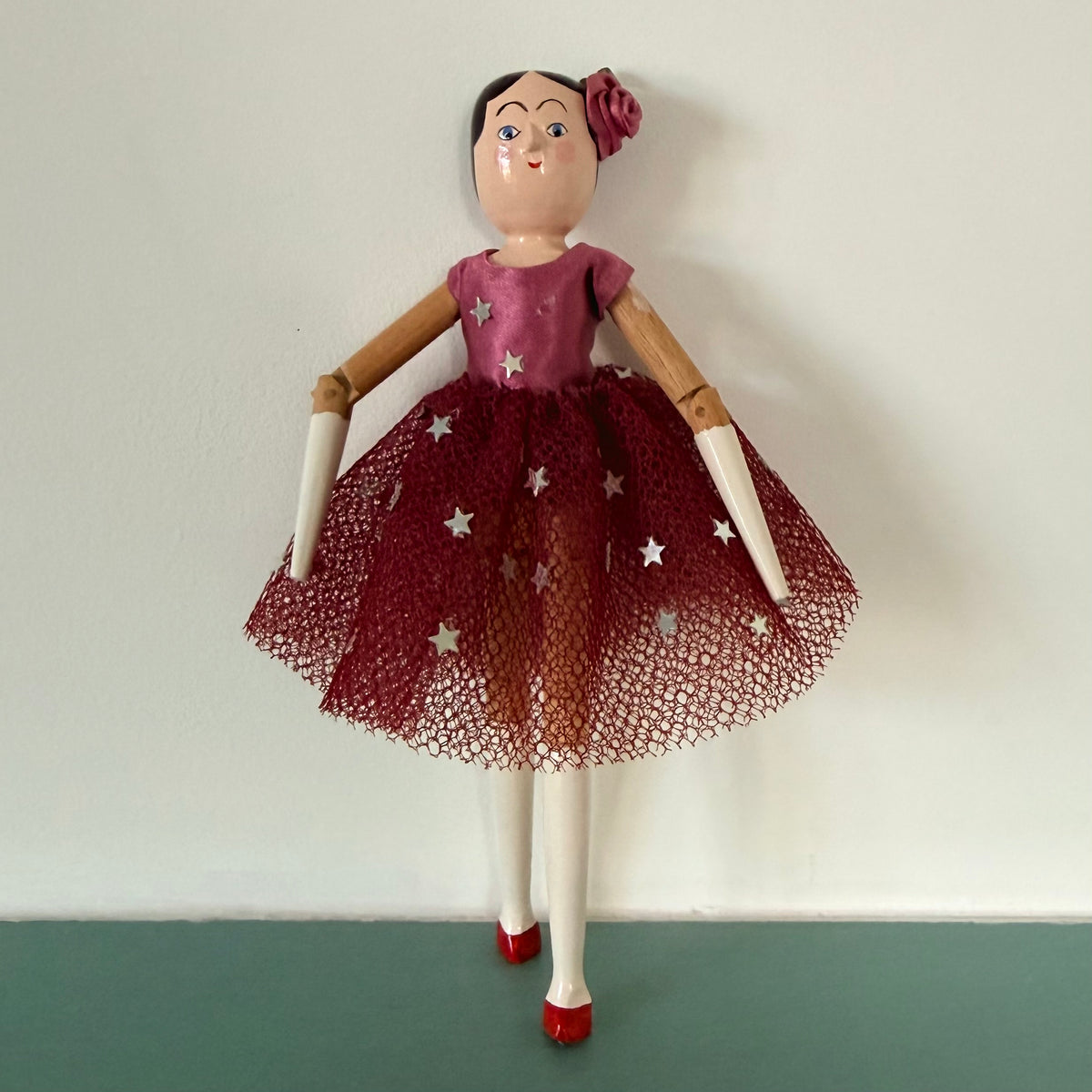 Vintage Eric Horne Wooden Doll in Burgundy Star Dress - 15.5cm