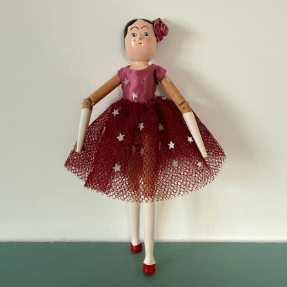 Vintage Eric Horne Wooden Doll in Burgundy Star Dress - 15.5cm