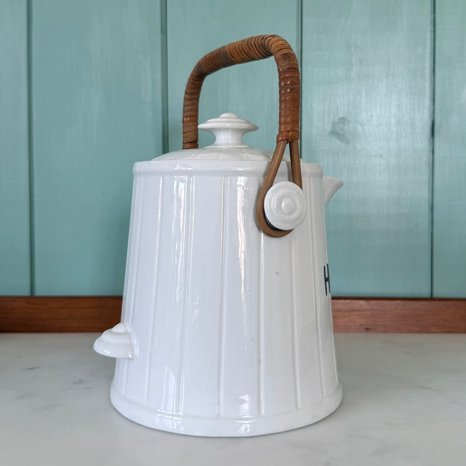 Antique Edwardian White Ironstone HOT WATER Jug Wicker Handle &amp; Lid