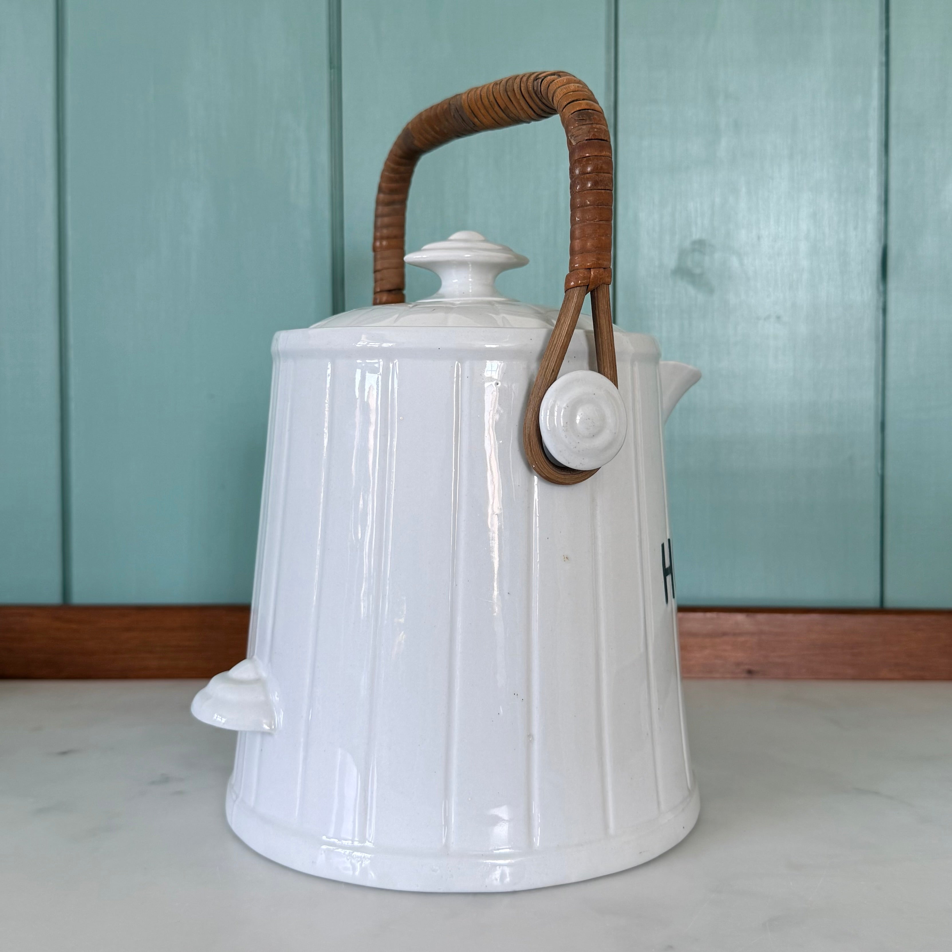 Antique Edwardian White Ironstone HOT WATER Jug Wicker Handle &amp; Lid