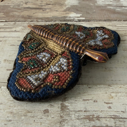 Antique Victorian Beaded Butterfly Needle Book / Pincushion with Turned Wooden Body