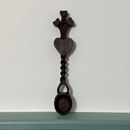 Welsh Love Spoon Carved Wooden Heart Twist Handle Folk Art Treen