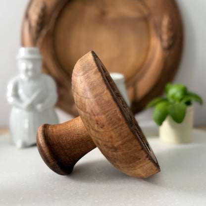 Antique Treen Butter Stamp Deep Carved Rose Motif