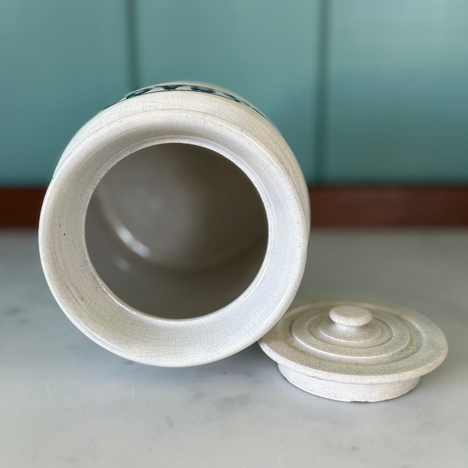 Late Victorian White Ironstone Sago Storage Jar with Ribbon Label